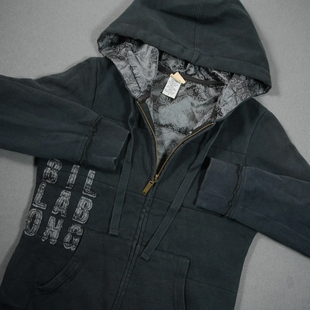 Y2K Billabong Satin Lined Damask Women Zip Up Hoodie S Skater Surfwear Faded